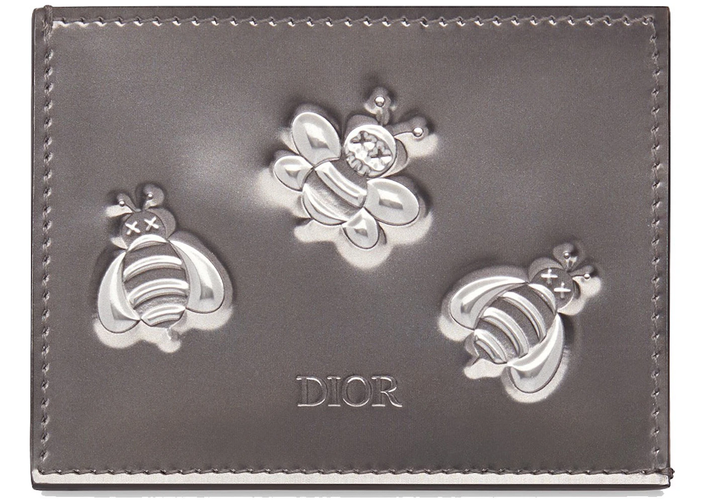 Dior x Kaws Card Holder Calfskin Bee Print Silver in Calfskin - US