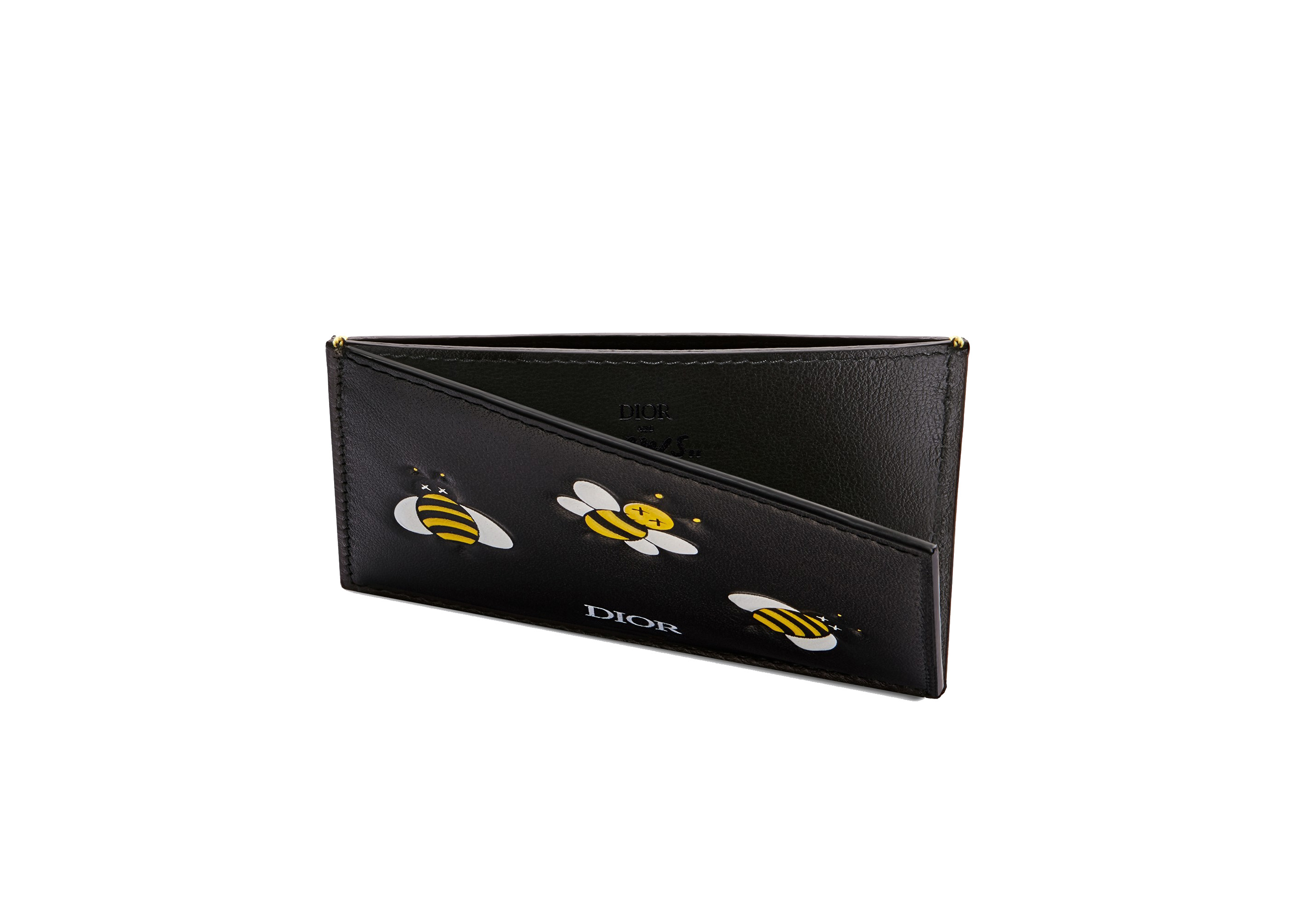 Dior x Kaws Card Holder with Pocket Yellow Bees Black in Calfskin - JP
