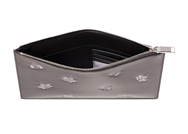 Dior x Kaws Pouch Calfskin Bee Print Silver in Calfskin with