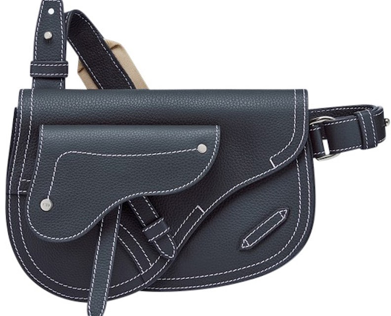 Dior x Kaws Pouch Saddle Navy Blue in Grained Calfskin with Silver