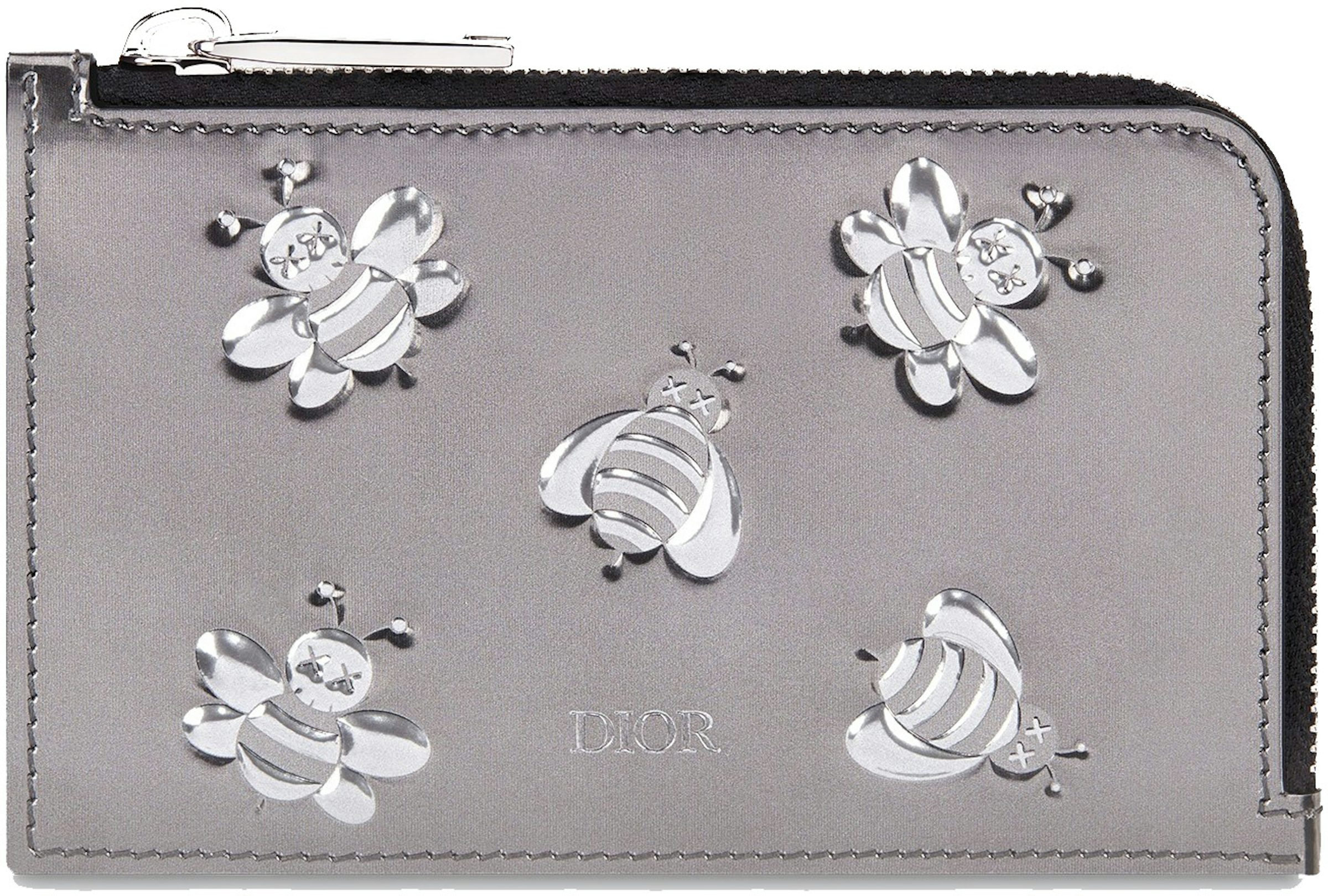Dior x Kaws Zipped Card and Coin Holder Bee Print Silver