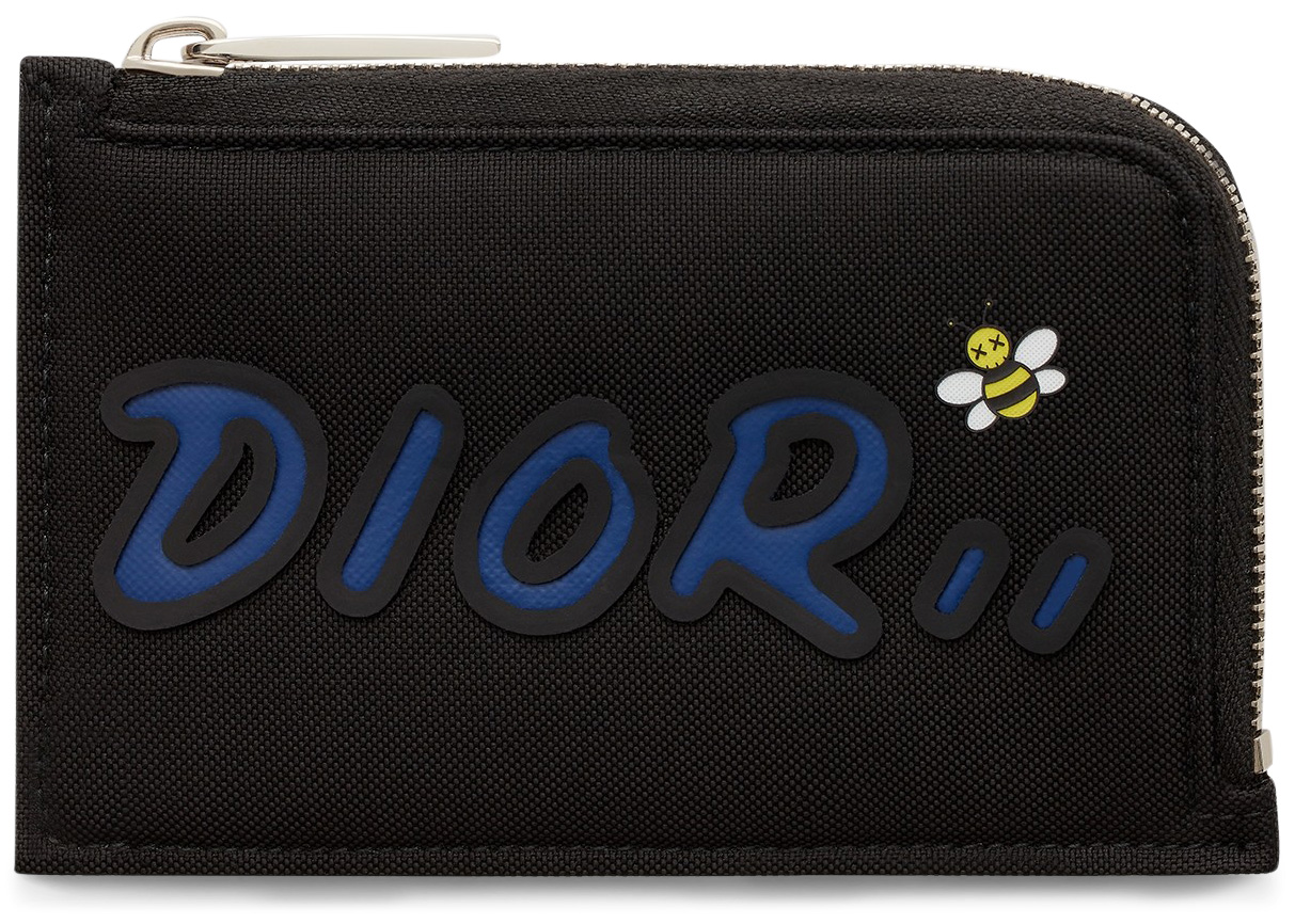 dior x kaws black nylon pouch with blue dior logo