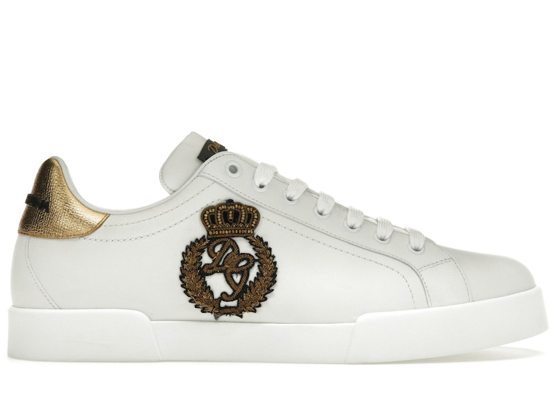 Pre-owned Dolce & Gabbana Men's  Portofino Crown Patch Sneakers In White/gold In Multi