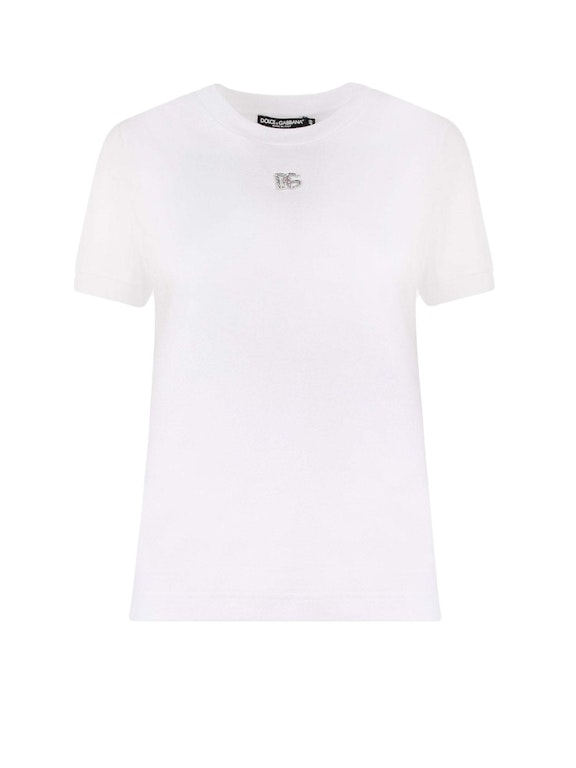 Pre-owned Dolce & Gabbana Woman Cotton Rhinestones Logo Detail T-shirt White
