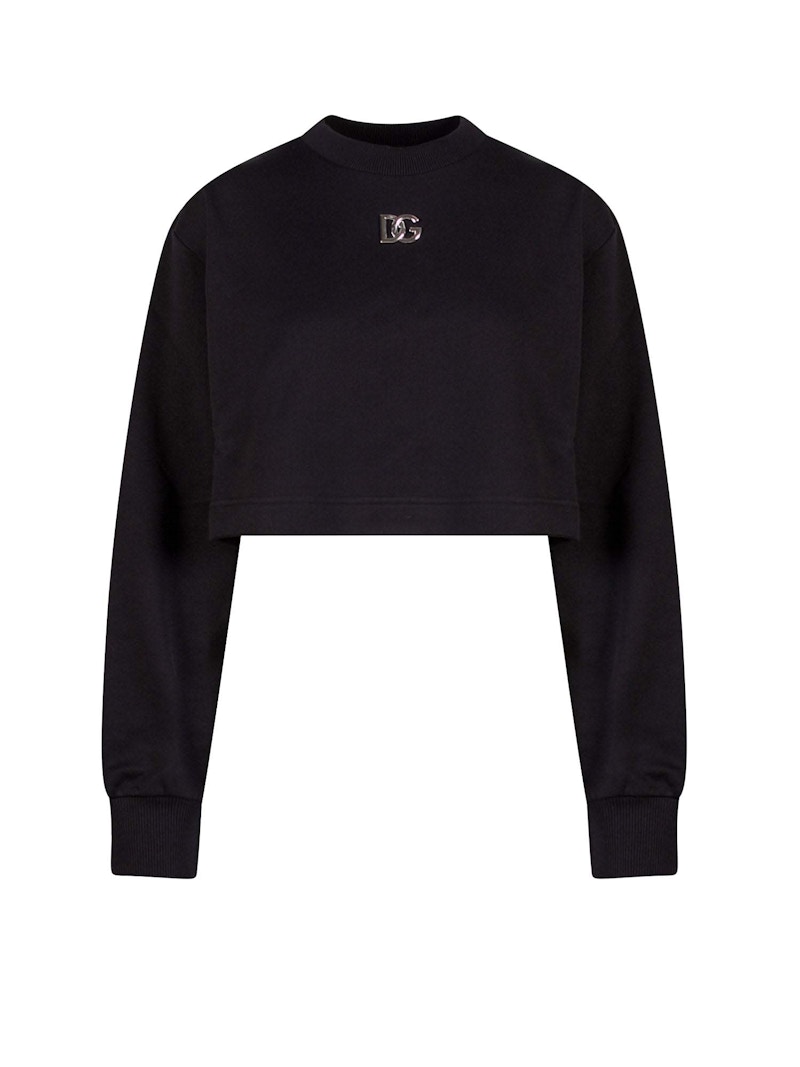 Pre-owned Dolce & Gabbana Women's Woman Crop Fit Cotton Dg Patch Sweatshirt In Black