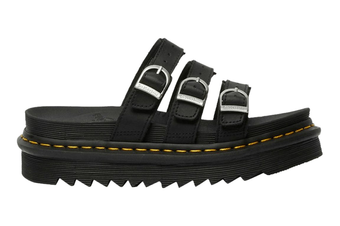 Pre-owned Dr. Martens Blaire Leather Slide Black Hydro (women's) In Black/black