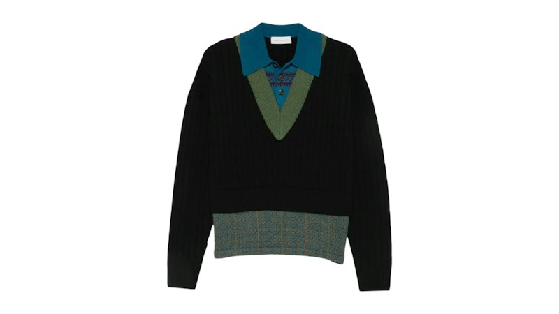 Dries Van Noten Contrast Panel Ribbed-Knit Sweater Black