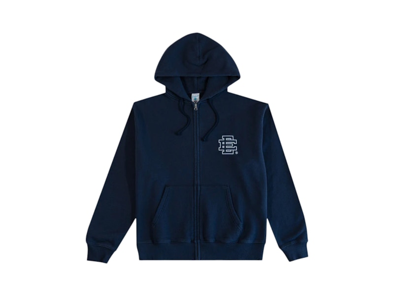 Pre-owned Eric Emanuel Men's Ee Basic Zip Up Hoodie (fw24) In Navy Blue/white