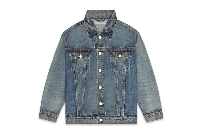 Fear of God Essentials Denim Trucker Jacket Distressed Indigo