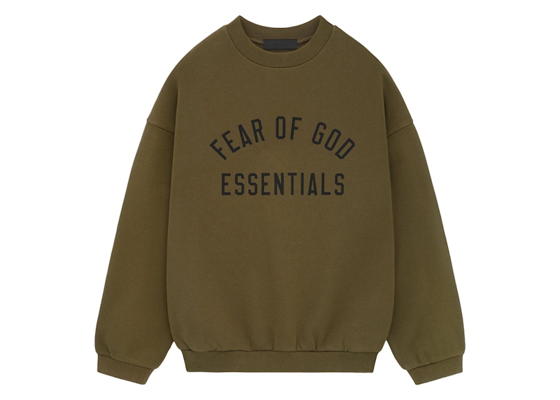 Pre-owned Fear Of God Men's Essentials Fleece Crewneck Sweatshirt In Olive