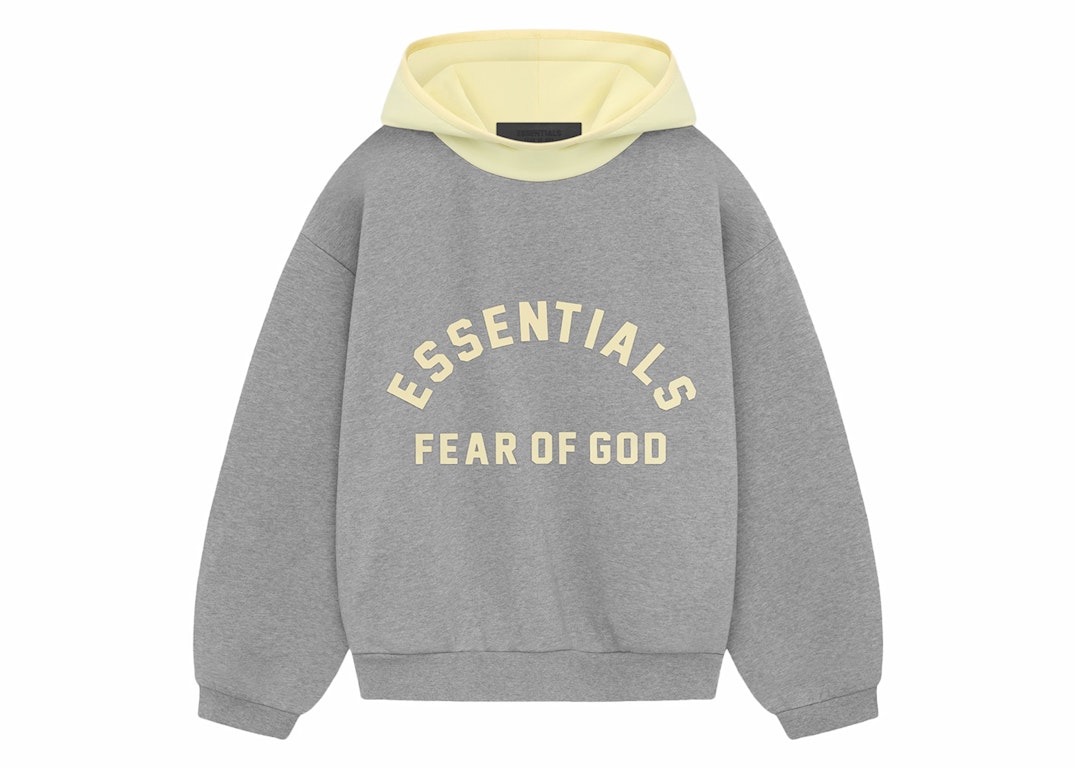 Pre-owned Fear Of God Essentials Kids Nylon Fleece Hoodie Dark Heather Oatmeal/garden Yellow