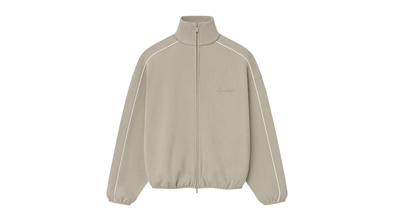 Pre-owned Fear Of God Men's  Essentials Modern Fleece Piping Track Jacket (fw25) In Timber/cloud White