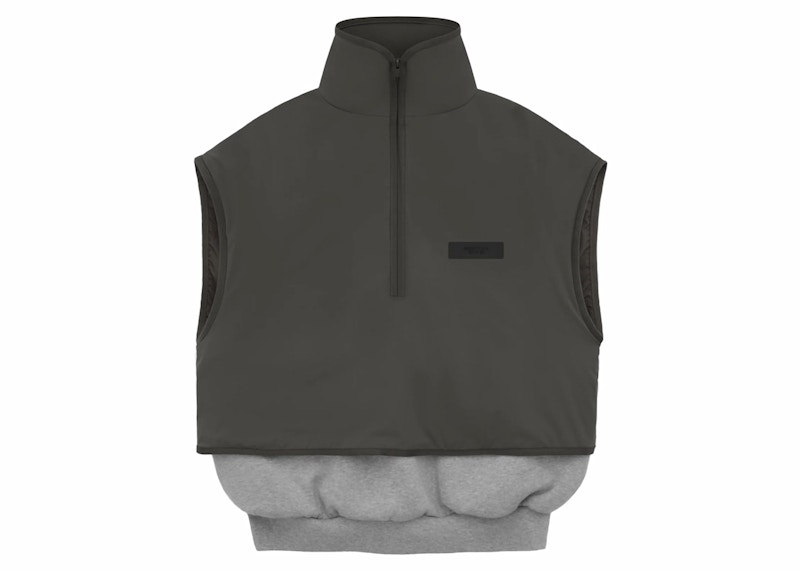 Pre-owned Fear Of God Men's Essentials Nylon Fleece Mockneck Vest In Dark Heather Oatmeal/ink