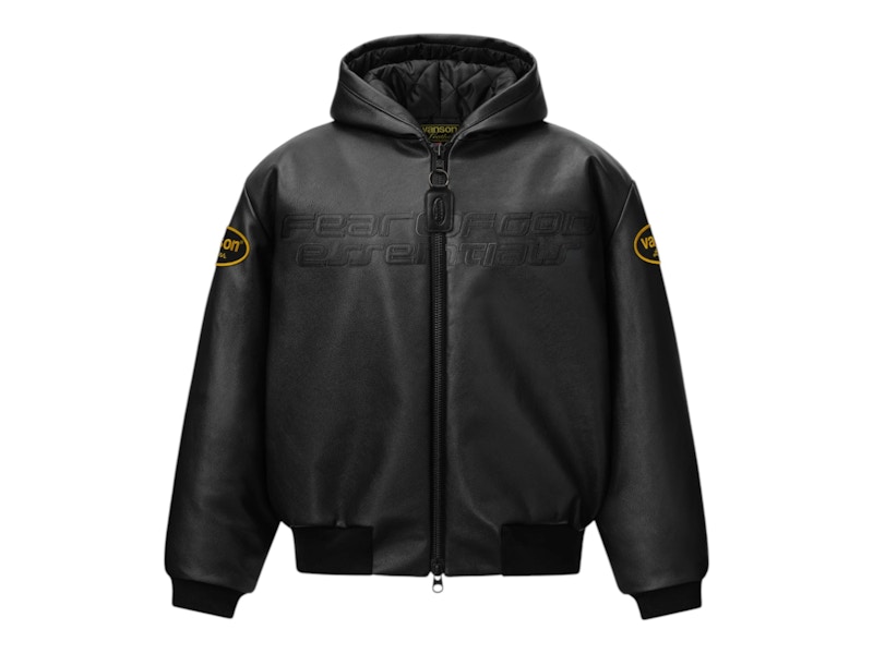 Fear of God Essentials Vanson Leather Hooded Bomber Jacket Black