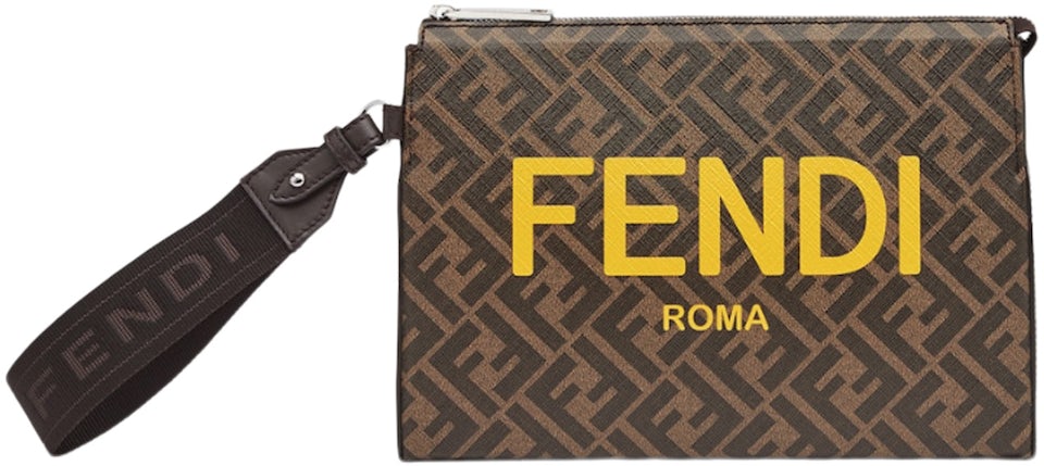 Fendi Clutch Pack FF Monogram Brown/Yellow in Fabric with Silver-tone - US