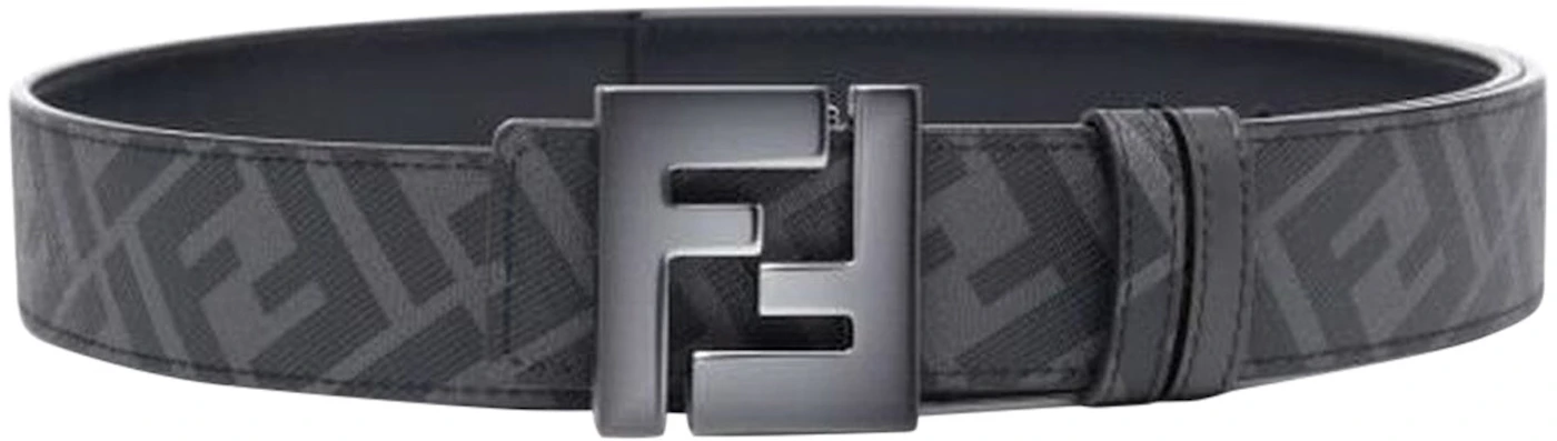 Fendi FF Logo Fabric And Leather Reversible Belt Dark Asphalt/Black in ...