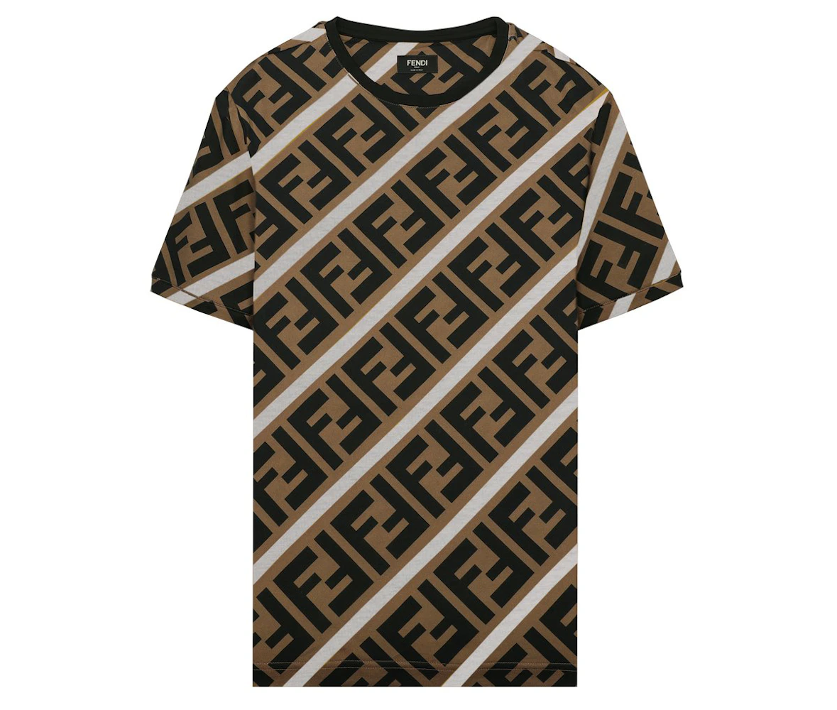 Fendi Mens White Brown Forever Fendi FF Logo T Shirt Size Medium