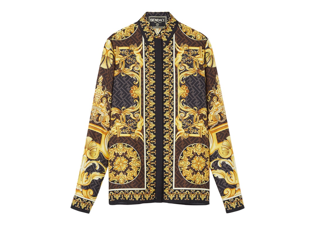 Pre-owned Fendi Fendace Baroque Silk Shirt Gold