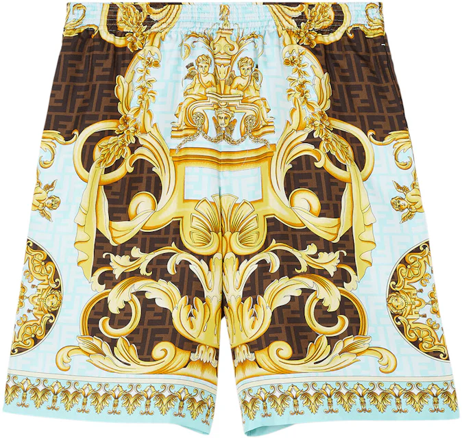 Fendi Fendace Baroque Silk Shorts Gold/Blue Men's - SS22 - US