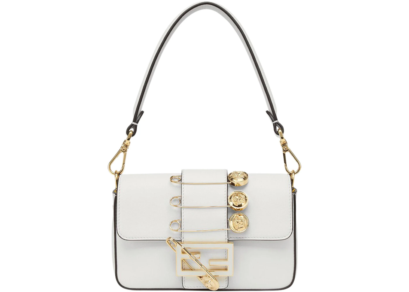 Fendi Fendace Brooch Mini Baguette White in Leather with Gold-tone - US