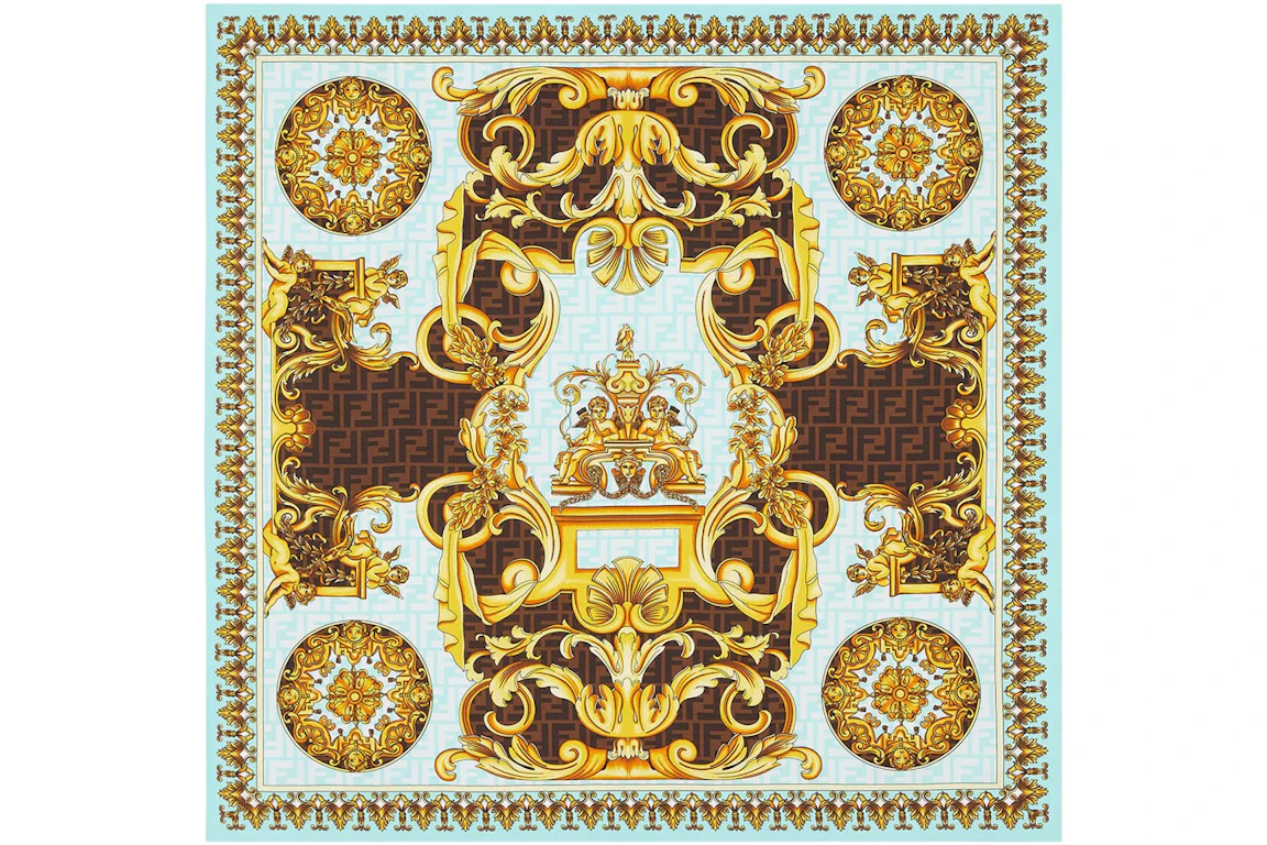 Fendi Fendace Gold Baroque Silk Foulard Blue/Gold Baroque Print