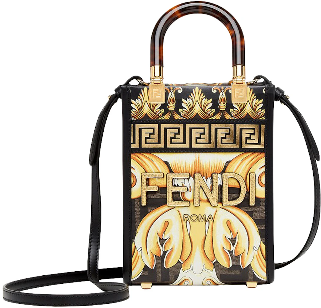 Fendi Fendace Mini Sunshine Shopper Black in Calfskin Leather/Polyester  with Gold-tone - US