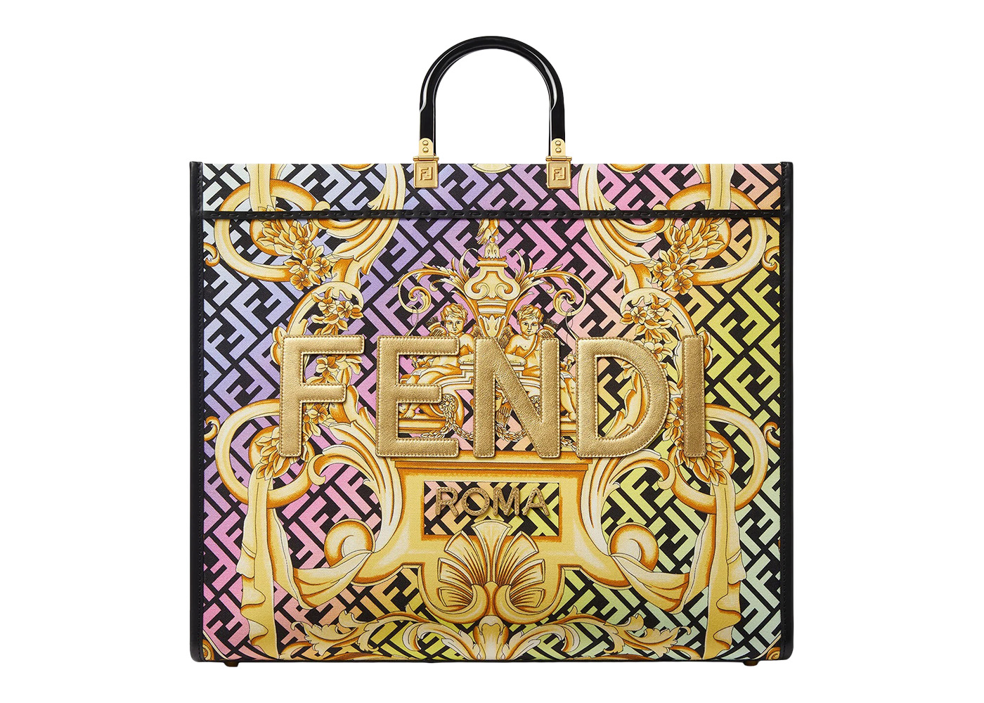 Fendi Fendace Sunshine Large Tote Bag Gold Baroque Print in Cotton