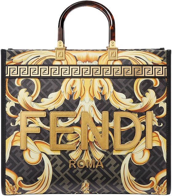 Fendi Fendace Sunshine Tote Bag Gold Baroque Print in Leather/Polyester  with Gold-tone - US