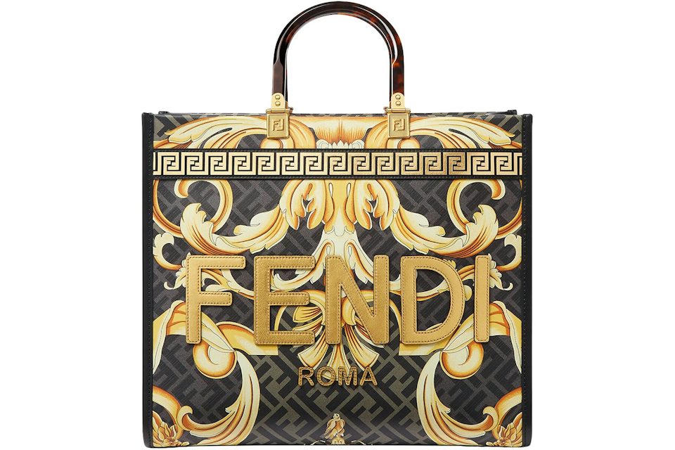 Fendi Fendace Sunshine Tote Bag Gold Baroque Print in Leather/Polyester  with Gold-tone - US