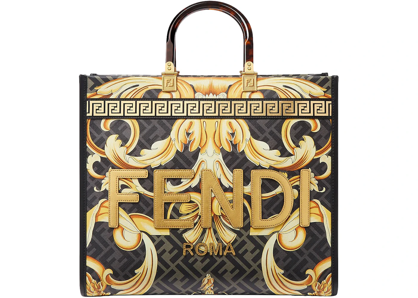 Fendi Fendace Sunshine Tote Bag Gold Baroque Print in Leather/Polyester with Gold-tone - GB