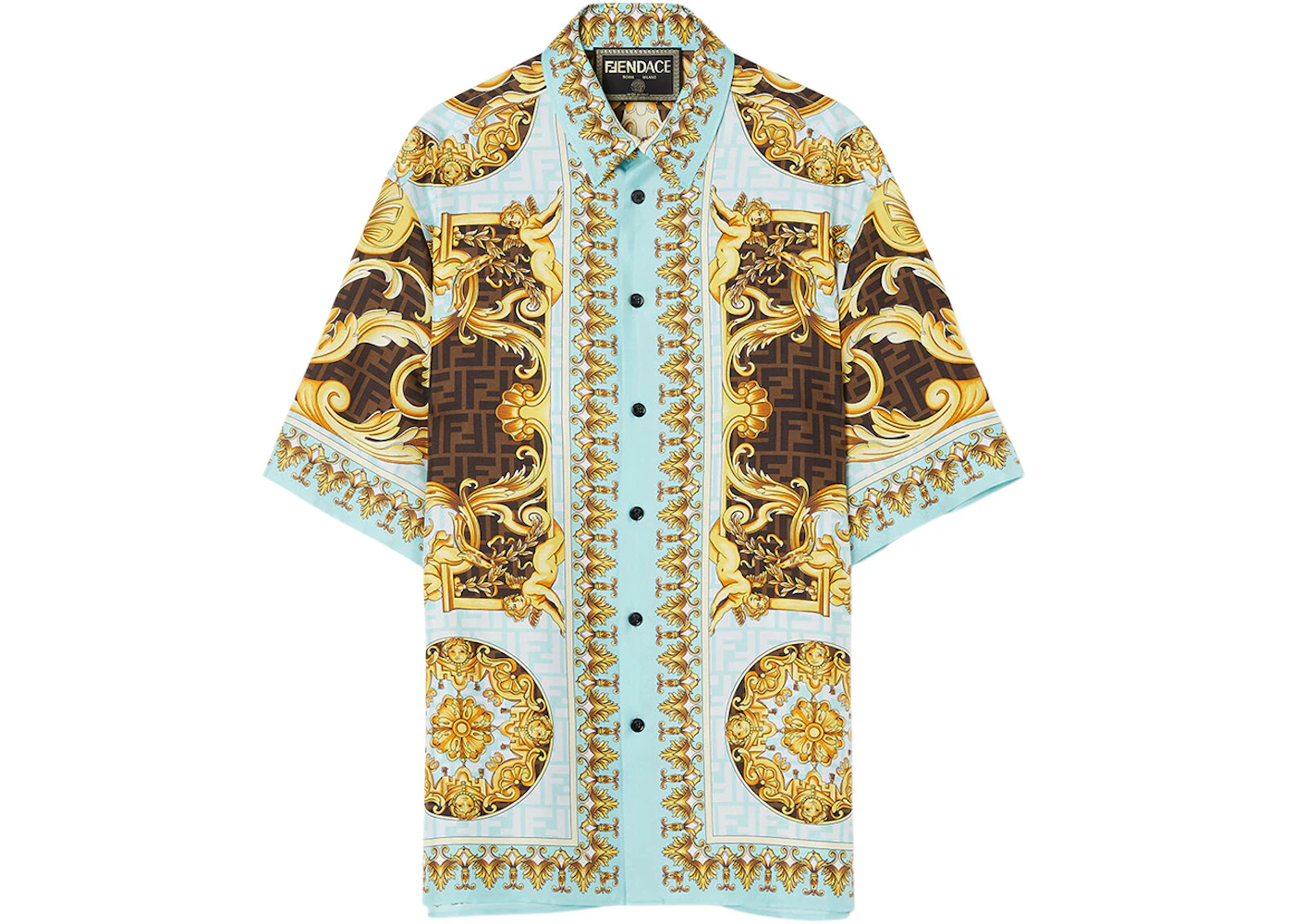 Fendi Fendace Wild Baroque Silk Shirt Gold/Blue Men's - SS22 - US