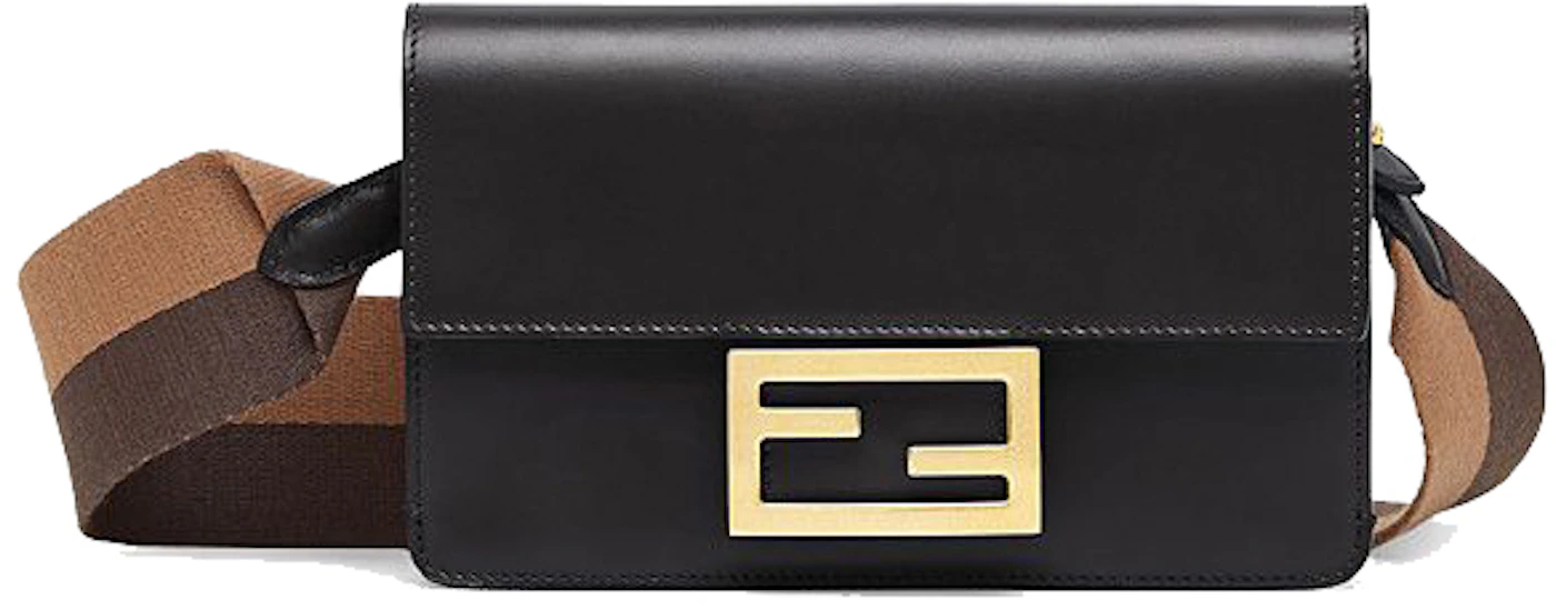 Fendi Flat Baguette Crossbody Bag Mini Black in Leather with Gold-tone - GB