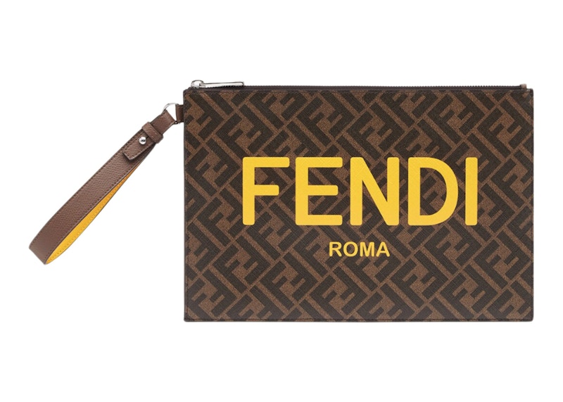 Fendi Flat Pouch FF Monogram Brown Yellow in Fabric with Silver