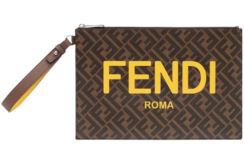 Fendi Flat Pouch FF Monogram Brown/Yellow in Fabric with Silver