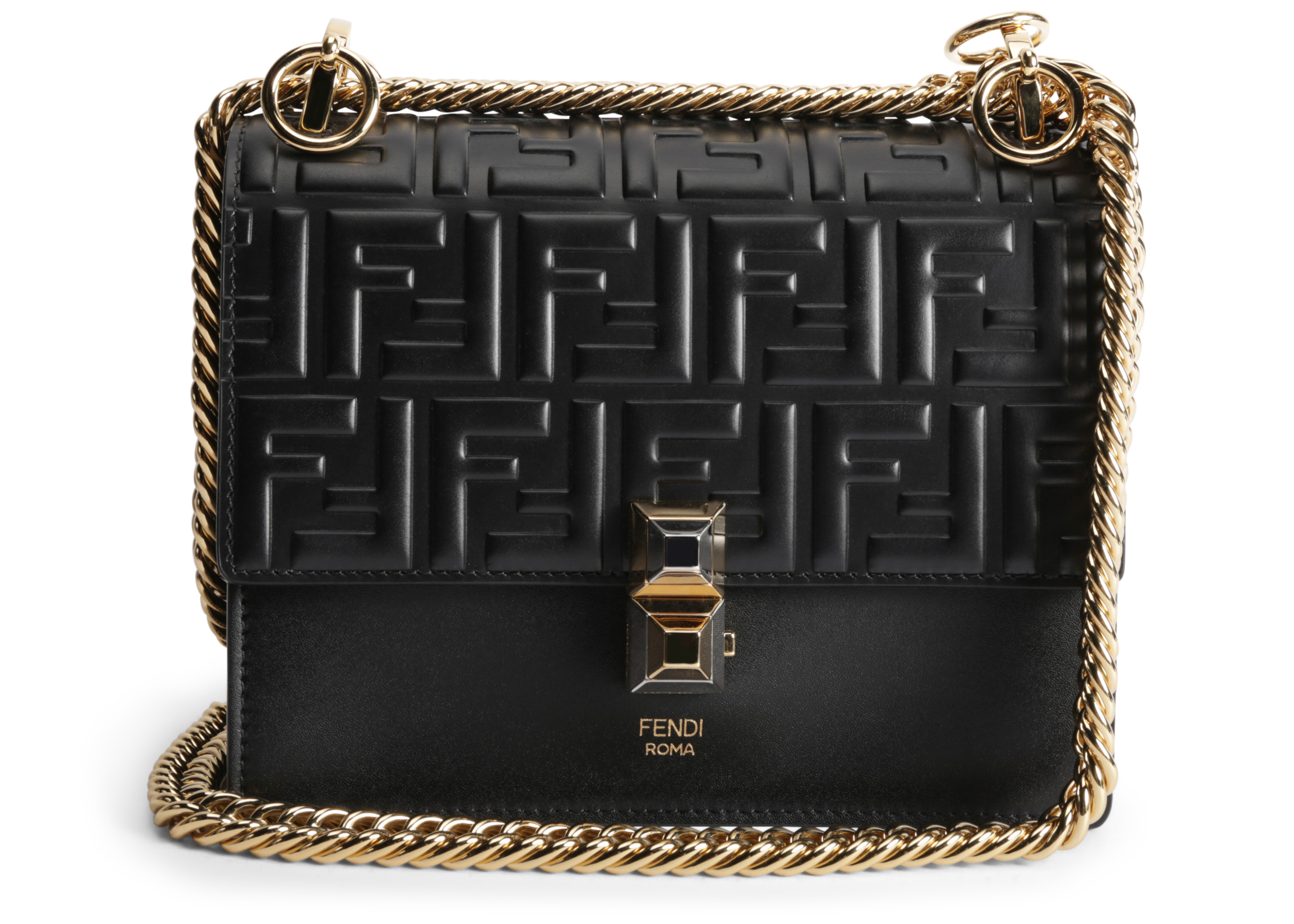 Fendi Kan I Crossbody FF Small Black in Embossed Leather with Gold 