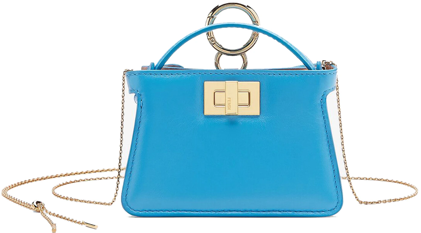 Fendi Nano Peekaboo Charm Crossbody Bag Blue in Nappa Leather with Gold ...