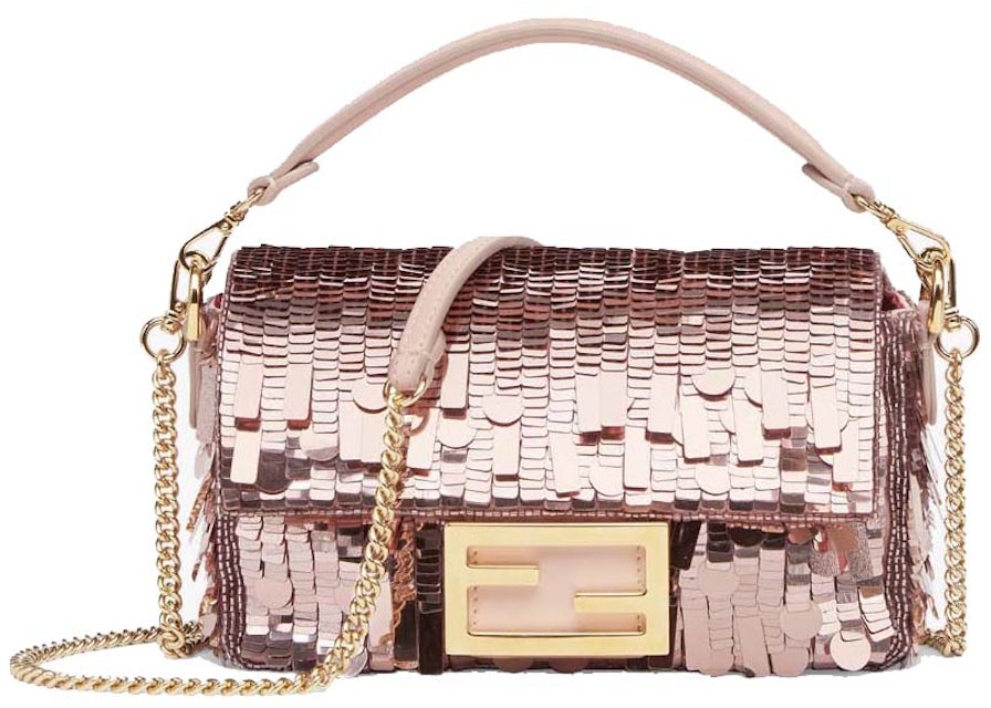 Fendi Sequin and Leather Baguette Mini Pink in Polyester with Gold-tone - US