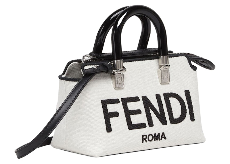 Fendi by Marc Jacobs By The Way Mini White Canvas Small Boston Bag with  Fendi Roma Embroidery