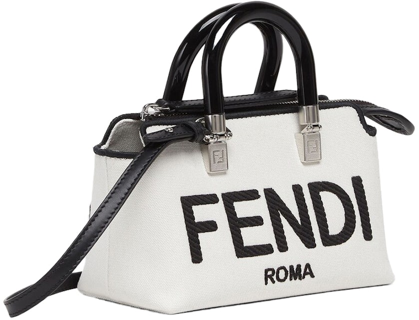 By The Way Mini - Beige canvas small Boston bag with Fendi Roma embroidery