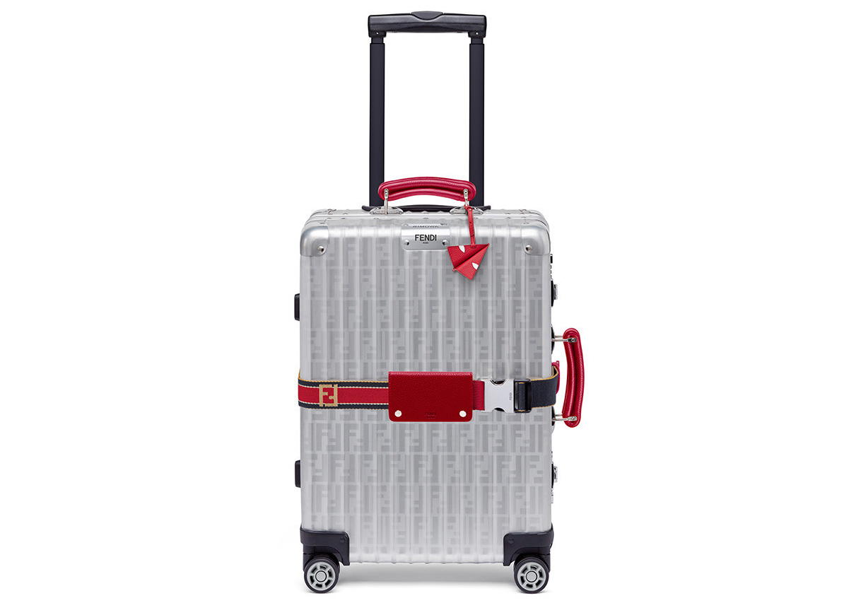 Fendi x Rimowa Cabin Trolley Luggage Zucca Red Web Belt Silver in 
