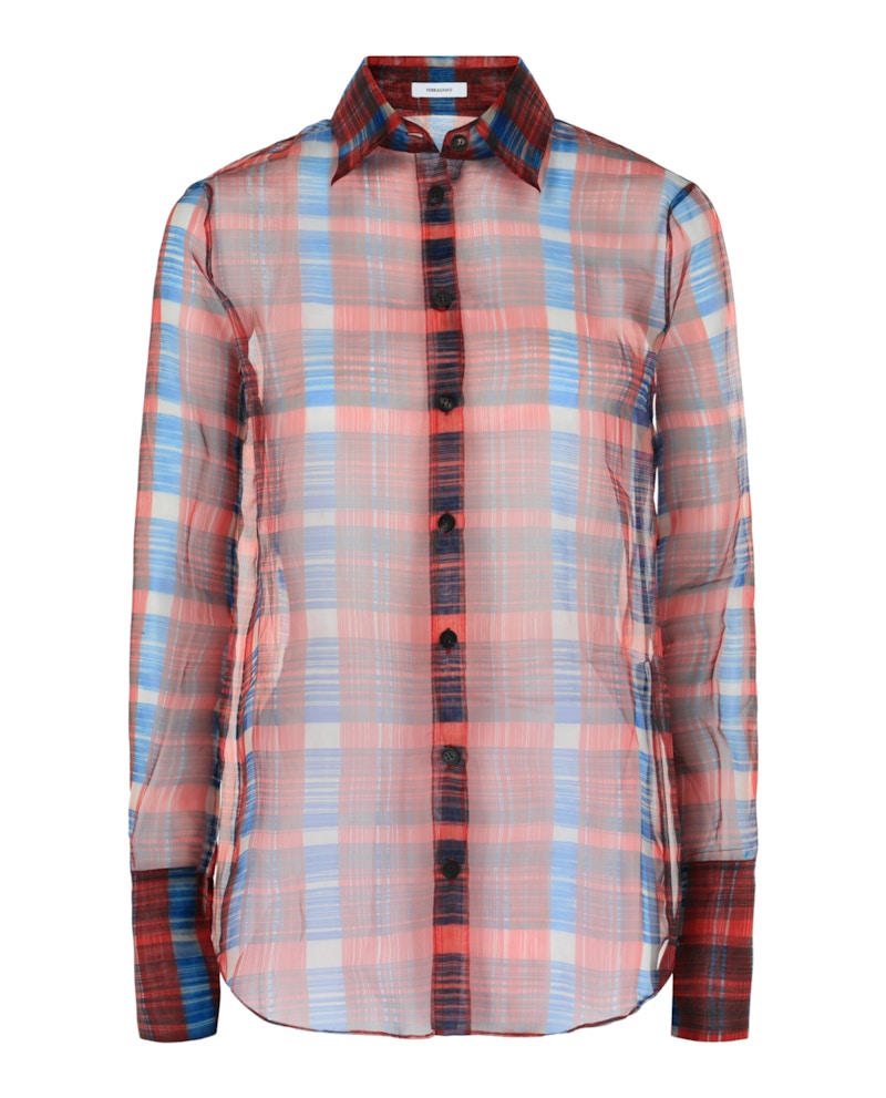 Ferragamo August Organza Check Button-Front Shirt Bone