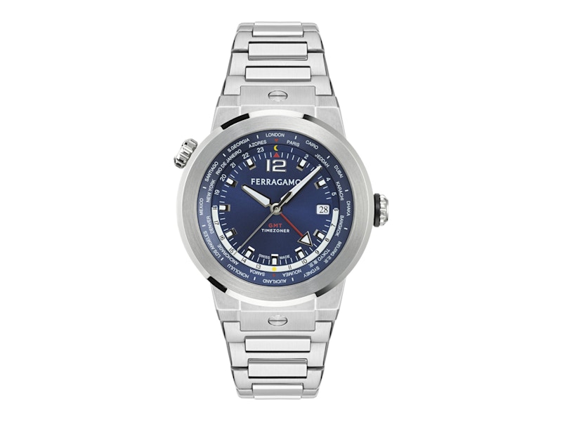 Pre-owned Ferragamo Men's  F80 Gmt Worldtime Sfha00424 Watch In Stainless Steel In Silver