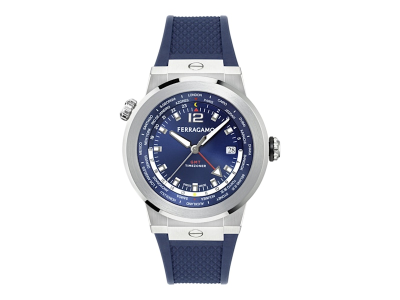 Pre-owned Ferragamo Men's  F80 Gmt Worldtime Silicone Sfha00124 Watch In Stainless Steel In Silver