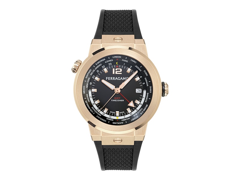 Pre-owned Ferragamo Men's  F80 Gmt Worldtime Silicone Sfha00324 Watch In Stainless Steel In Silver