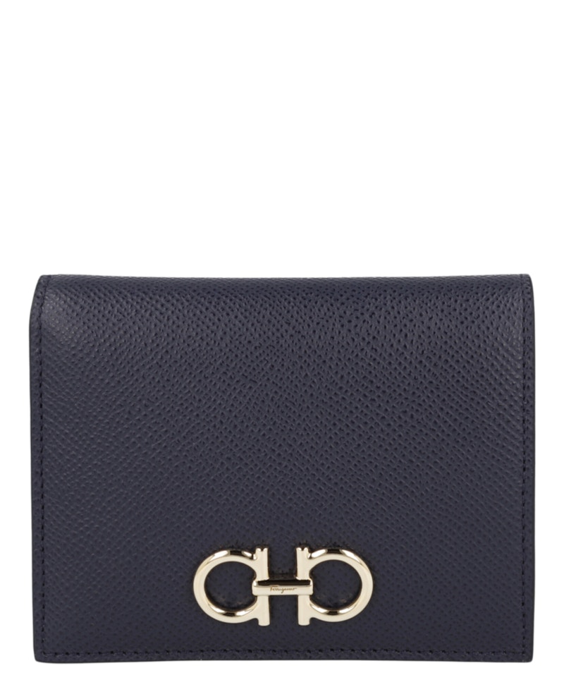 Pre-owned Ferragamo Women's  Gancini Compact Wallet In Navy Blue