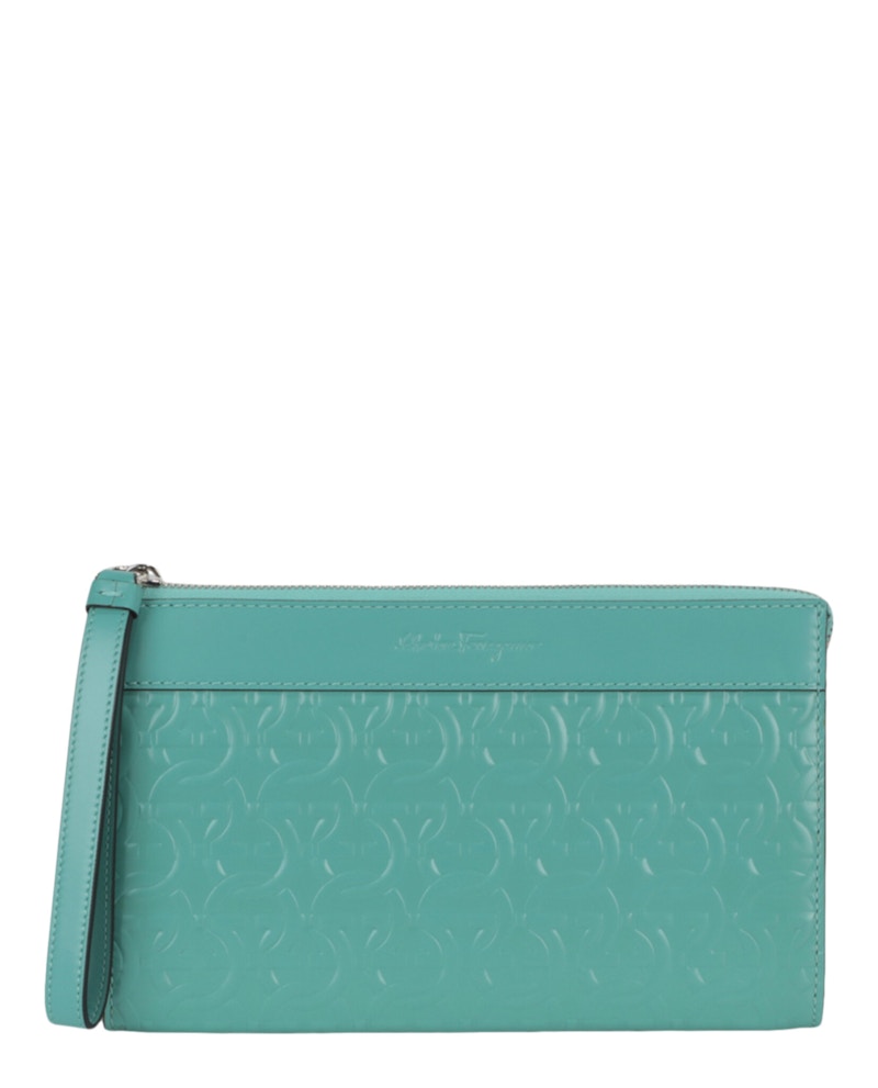 Pre-owned Ferragamo Men's Gancini Embossed Leather Clutch In Turquoise In Blue