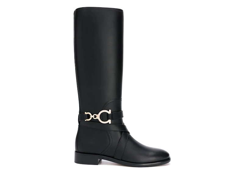 Pre-owned Ferragamo Gancini Horsebit Kneehigh Boots (women's) Sneakers In Black