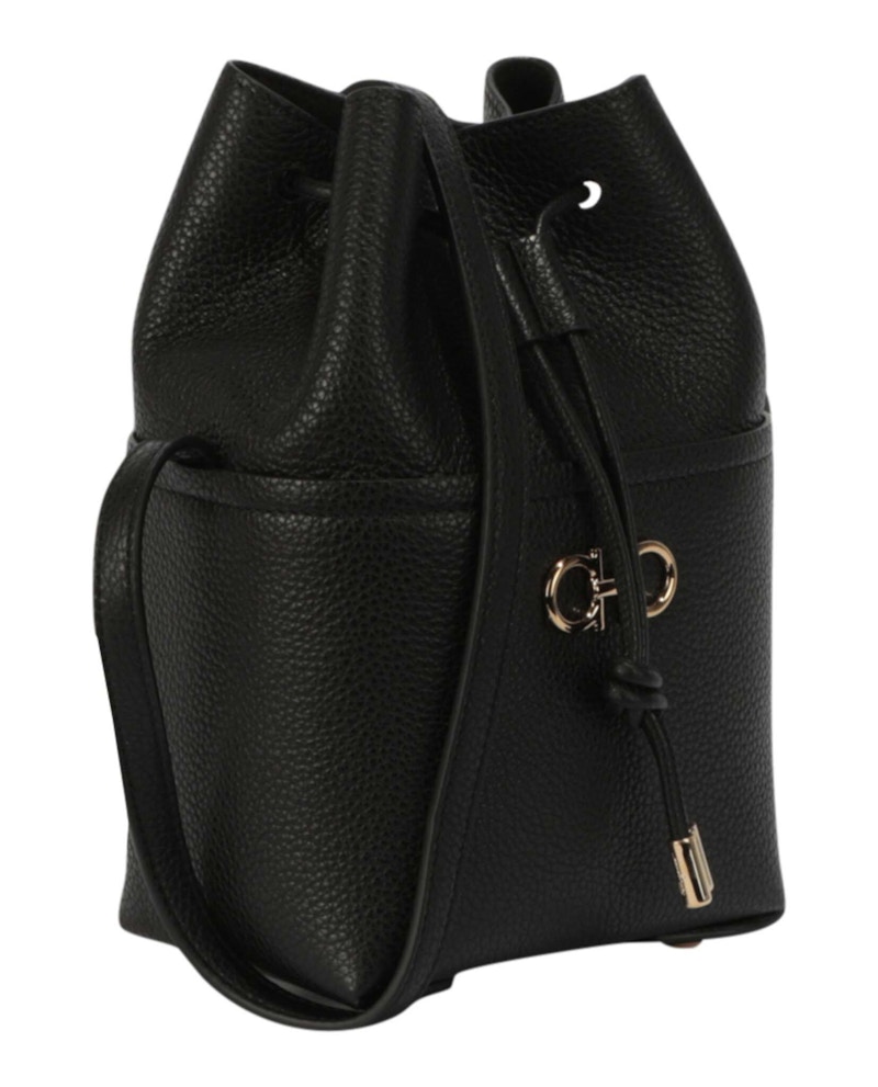 Ferragamo Gancini Logo Plaque Drawstring Bucket Bag Black