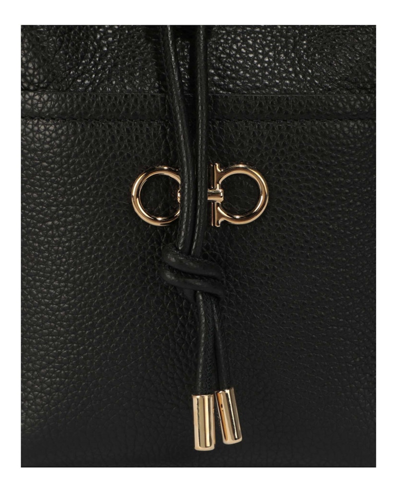 Ferragamo Gancini Logo Plaque Drawstring Bucket Bag Black