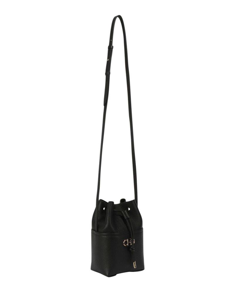 Ferragamo Gancini Logo Plaque Drawstring Bucket Bag Black
